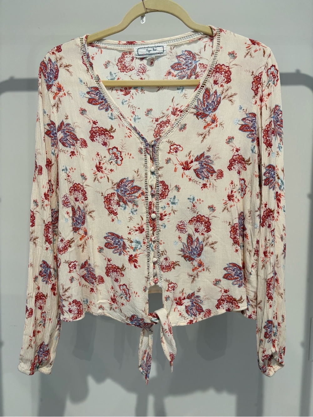 Hippie Rose Cream Button-Front Floral Tie-Front Top
